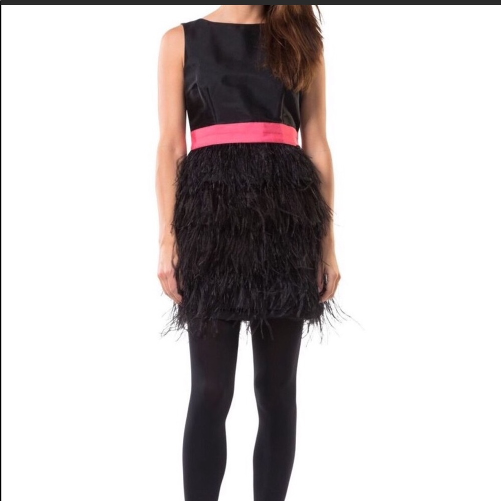 Sail to Sable Black Feather Mini Dress with Pink Waist Sash